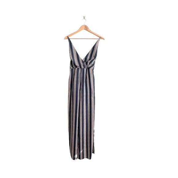 Hommage Pants - Hommage Deep V-Neck Striped Jumpsuit Black Tie Side Slit Women's S Back Zip